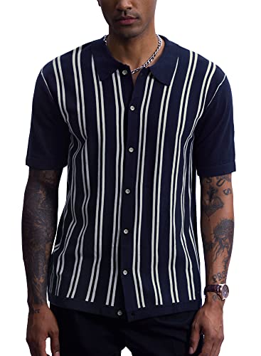 Man Casual Vintage Knitted Dress Shirt 1940S Retro Knit Button Up Shirts S D/Navy #TOP16