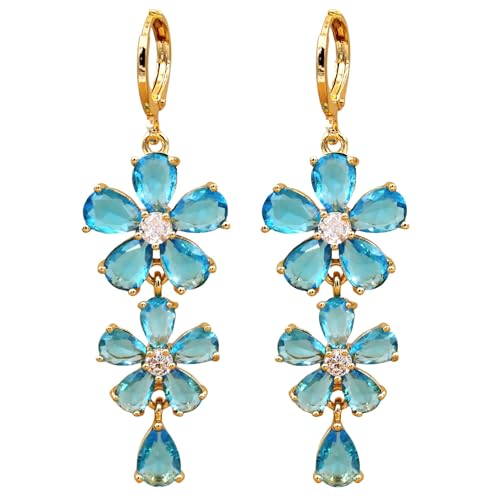 Vuskdtei18K Gold Plated Flower Dangle Earrings for Women, Hypoallergenic Cubic Zirconia Earrings, Elegant Chandelier Drop Earrings, Statement Jewelry Gifts Fashion