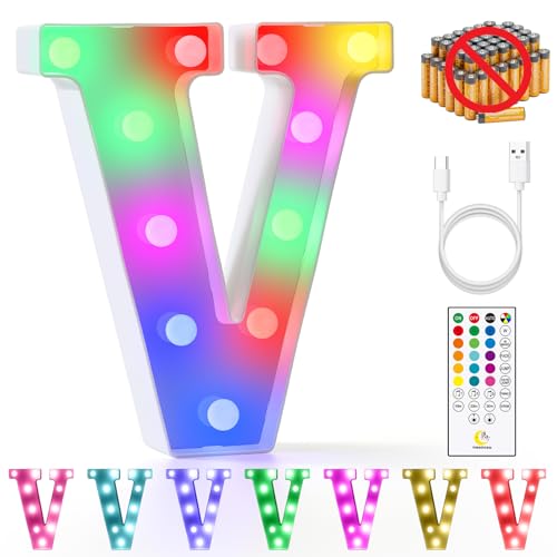 mooncow Rechargeable Light Up Letters,Colorful Marquee Letters with Remote,Gift Wrap Gifts,Bedroom Home Bar Party Decor (V)