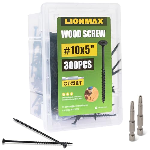Image of LIONMAX Deck Screws 5 Inch, Wood Screws #10 x 5, 300 PCS, Rust Resistant, Exterior Epoxy Coated, Outdoor Decking Screws, Torx /Star Drive Head Screw, T25 Star Bit Included, Black