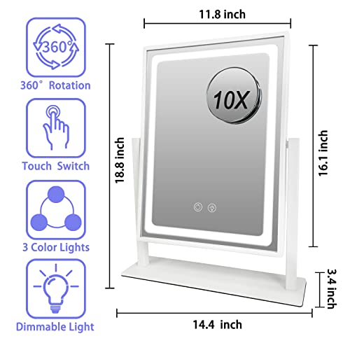 Brightinwd Vanity Mirror With Lights, Hollywood Vanity Mirror With Lights, Touch Control 3 Color Lighting Modes For Bedroom, Detachable 10X Magnification Mirror, 360°Rotation (16 In, White) #TOP3