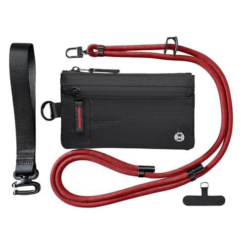 [huglist] RFID スキミング防止 パスポートケース トラベルポーチ 海外旅行 航空券収納 首掛け スマホショルダー ハンドストラップ付き 防水 薄型 軽量 メンズ レディース (ブラック×レッドコード)の商品画像（Amazon）