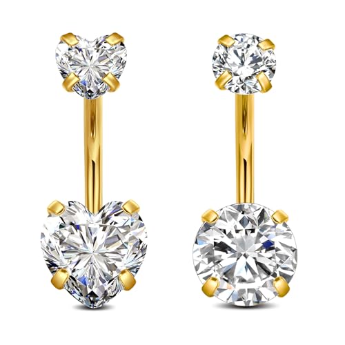 FECTAS 2pcs Belly Bar 10mm Gold Belly Button Bar Heart Diamond Belly Ring Stainless Steel 14G Navel Bars Piercing Jewellery for Women