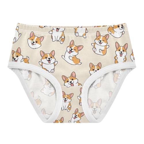 Toddler Girl Briefs, Corgi Dogs Playful Beige Cotton Girls Underwear, 2T–8 Years