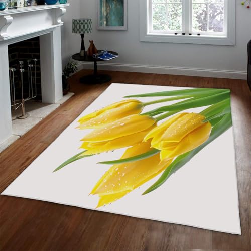 Tapis tulipe jaune lavable en machine résistant pour salon blanc