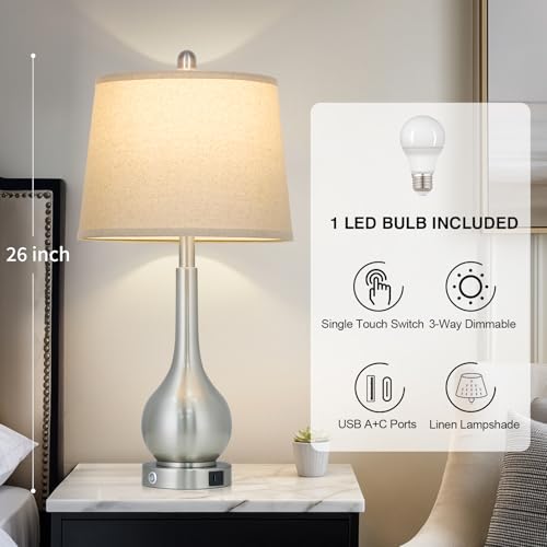 luxeflow 26" Silver Table Lamp for Bedroom, Touch Control Bedside Lamp for Nightstand with Charging Port, 3-Way Dimmable End Table Lamp for Living Room (1 Pack) - image 2