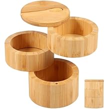 Bamboo Triple Salt Cellar with Magnetic Swivel Lid and Spoon 3 Tier Bamboo Salt Box Large Capacity Salt Container Multipurpose Spice Cellar for Sea Salt Coffee Seasoning Storage