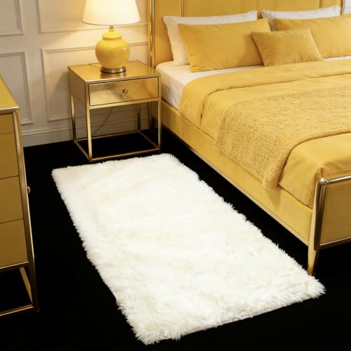 Tapis de salon élégant à poils longs blanc 142 x 280 cm style shaggy chic