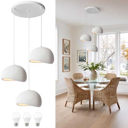 LaifuTu Wabi Sabi 3-Light Pendant Light Fixtures with 3Color Bulb, White Modern Kitchen Island Chandelier, Japanese Style Bird Nest Shape Ceiling Lights for Dining Room, Hallway, Living Room