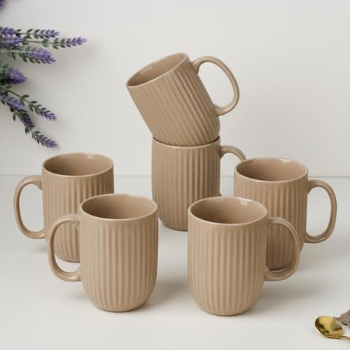 Image of The Earth Store Beige Tall Fringe Coffee Mug - 330ML Ceramic Coffee Mugs Set of 6 | Microwave & Dishwasher Safe Mugs for Gift | Home | Office | Restaurant | Daily Use Tea Mug