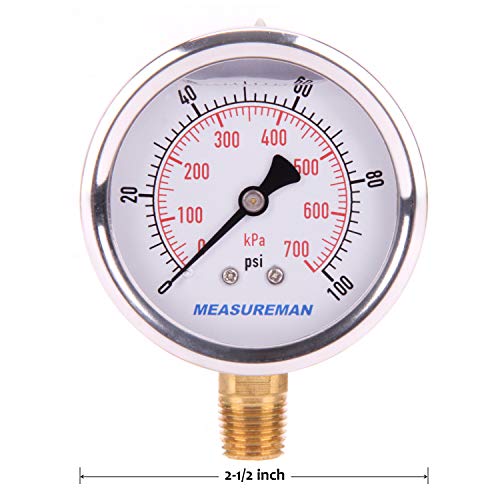 Measureman 2-1/2" Dial Size, Glycerin Filled Pressure Gauge, 0-100Psi/Kpa, 304 Stainless Steel Case, 1/4"Npt Lower Mount #TOP5