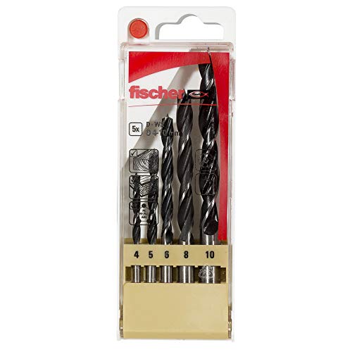 Fischer Holzbohrer Set, 4 - 10 mm Durchmesser, Aufsätze für Bohrmaschinen, Bohrerset mit verschiedenen Größen, Werkzeug zum Bohren in Weich- und Hartholz, 5er Pack