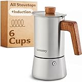 Cosumy Espresso Maker Induction - Stainless Steel Moka Pot 6 Cups - Coffee Maker Suitable for All Hobs - FSC® Oak Wood