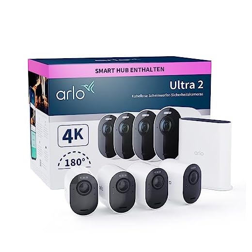 Arlo Ultra 2 Überwachungskamera Aussen WLAN, Kabellos, 4er Set, 4K UHD Qualitätsprodukt, 180° Sichtfeld, Spotlight, Farb-Nachtsicht, Bewegungsmelder, Alarm Sirene + mit Arlo Secure Testzeitraum