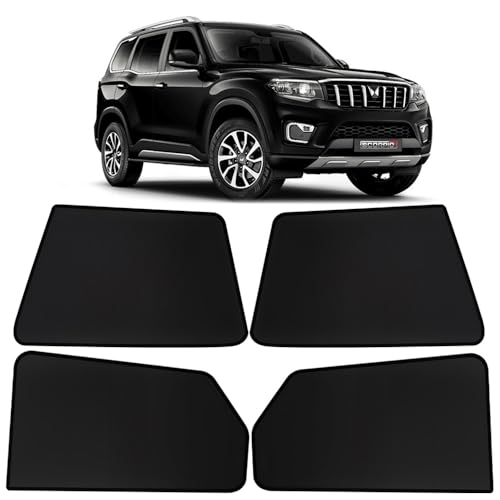 Image of OTO2EYE Car Sun Shade Compatible for Mahindra Scorpio N Model-2022 to 2025, Z-Black Fix Type Side Window Curtains, Only Half Cut in Front Window, 6 Pieces Set