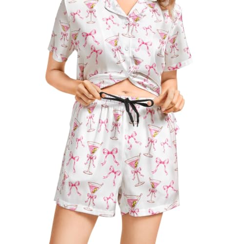 Image of Funny Satin Pajamas Set for Women Button Down Sleepwear Print Pjs Set 2 Piece Short Sleeve Loungewear Gift for Women