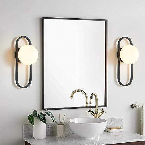 Image of Bektas Wall Sconces, Set of 2, Matte Black, Modern Light Fixture with White Globe Glass Shade, Wall Lighting for Living Room, Bedrooms