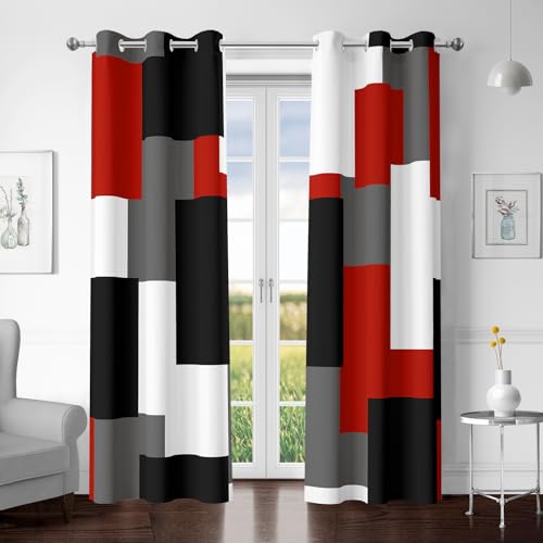 Tyrot Red Black 100% Blackout Curtains for Bedroom 84 inch Length 2 Panels Set White Grey Modern Abstract Geometric Black Out Curtains Insulated Room Darkening Window Drapes for Living Room,