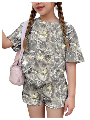 RoseSeek Girls 2 Piece Summer Outfits Short Sleeve Camo T Shirt and Mini Shorts Clothing Set Tracksuit Green 10Y