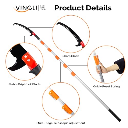 Image of VINGLI 26ft Manual Extendable Tree Pruner Pole Saw, Long Tree Trimmer with Sharp Steel Blade, Aluminum Tree Cutter with 5-section for Pruning Palms and Shrubs
