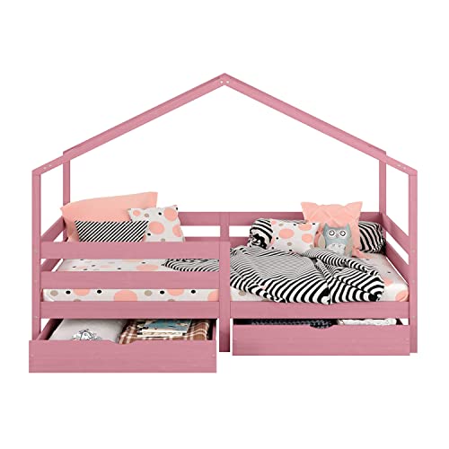 Cama Montessoriana Madeira Maciça Casa com Estrado Ena (Rosa)