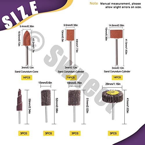 Swpeet 54Pcs 1/8 Schaft Schleifstein Set, 2-geformte 2-Größen Schleifbohrer für Drehwerkzeugklappenscheibe, 4-Größen 80-Grit Kegelform Schleifpapier Klappenscheibe