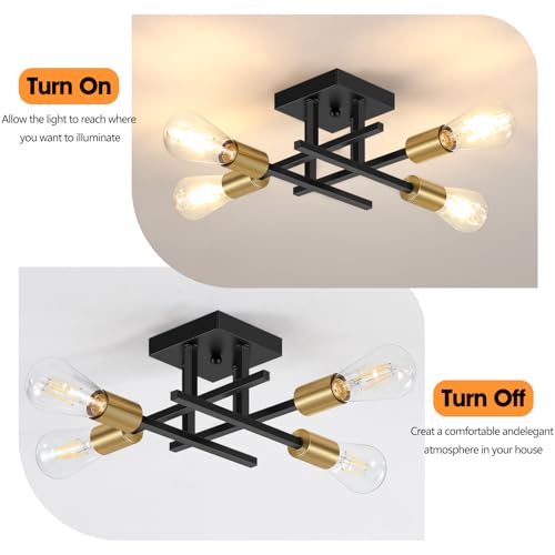 4-Lights Sputnik Chandelier Modern Semi Flush Mount Ceiling Light for Bedroom Lighting, Industrial Kitchen Light Fixture Ceiling Mount for Dining Room Hallway Living Room(Black with Gold) - Image 5