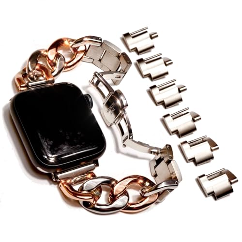 Royce&Roland Apple watch チェーンバンド バタフライバックル おしゃれ アップルウォッチ 時計 バンド (ステンレス/シルバー) レディース メンズ ギフト プレゼント (40mm 41mm 42mm, シルバー/ピンクゴールド)（Amazon）