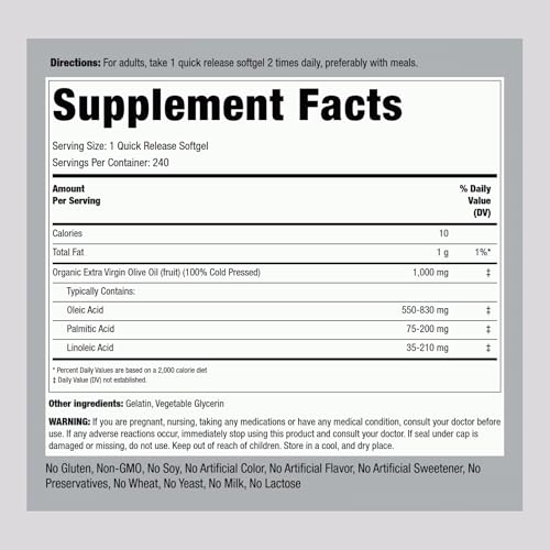 Piping Rock Olive Oil Softgel Capsules | 1000mg | 240 Pills | Organic Extra Virgin Cold Pressed Supplement | Gluten Free, Non-GMO