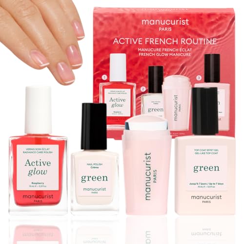 Kit French Manucure par Manucurist - Active™ Glow Raspberry, Vernis à Ongles Green™ Crème, Tampon French Manucure Mani Stamper, Top Coat Effet Gel...