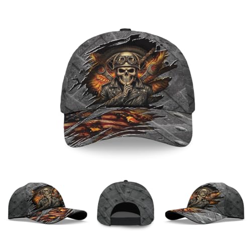 Image of Skull Baseball Cap for Men, Grim Reaper Death Crack Old Metal with Flag, Men's Hat, Adjustable Motorcycle Soft Caps
