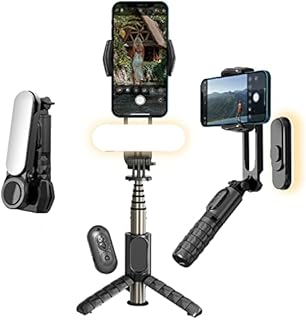WTFM 5in1 Gimbal Stabilizer For Smartphones.Social Media Vlogging Kit. Smartphone Gimbal inc Removable Portable Light.Phone Stand for Filming,Bluetooth Selfie Stick,Mobile Phone Holder (Black Gimbal)