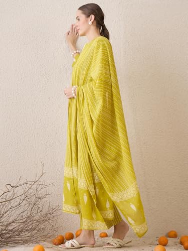 Image of INDO ERA Women's Pure Cotton Printed Straight Kurta & Pant With Dupatta Set