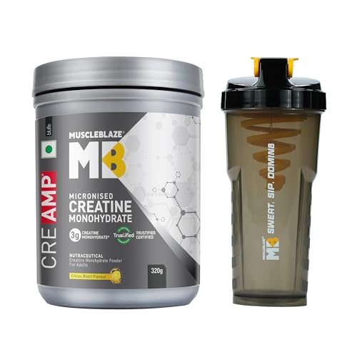 Image of MuscleBlaze Micronised Creatine Monohydrate CreAMP Powder, Citrus Blast (320g) + Cyclone Blender Gym Shaker (700ml)