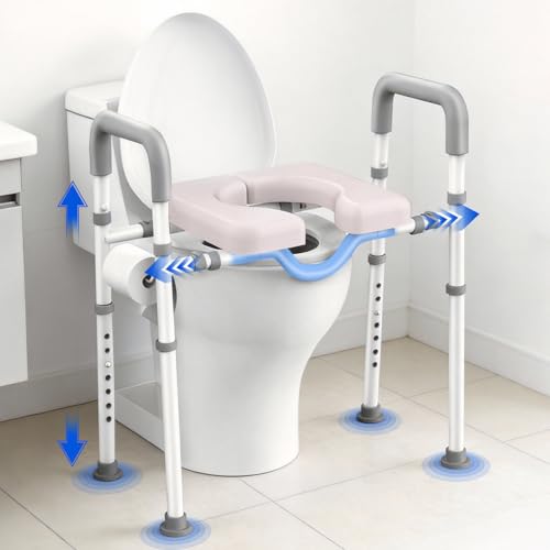 Elevador de Inodoro con Brazos Inclinado 25° – Asiento Ajustable en Altura y Anchura para Personas Mayores y Discapacitados, Acolchado Reforzado Antideslizante, Capacidad 181 kg