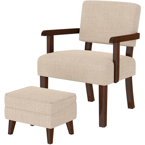 Accent Chairs with Adjustable Ottoman, Comfy Arm Footrest Set, Storage Footstool, Sofa Armchair with Footrest, Lazy Chair Set for Living Room/Bedroom/Reading Room, Beige