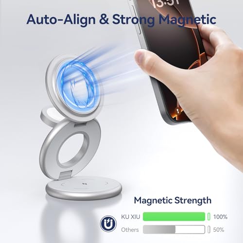 Image of KU XIU X63 3 in 1 Charging Station for Apple, Aluminum Alloy Foldable Magnetic Wireless Charger, Travel Charger for iPhone 16 /15 /14 /13 /12 Series, Apple Watch& AirPods(with 20W Adapter)-Silver