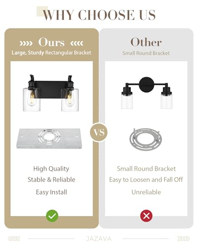 Image of 2-Light Black Bathroom Light Fixture Over Mirror, Modern Vanity Light, Clear Glass Wall Sconce, VL01BK-2