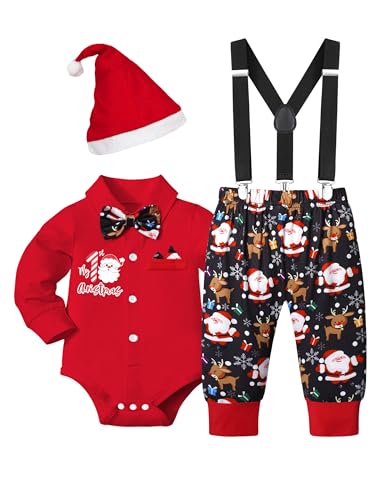 Baby Boy Christmas Outfit My First Christmas Infant Gentleman Romper with Bow Tie Suspender Pants Hat 3PCS Set