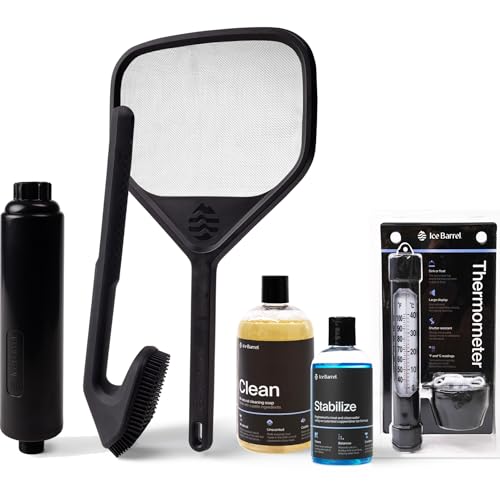 Ice Barrel Cold Plunge Maintenance Kit for Ice Baths – Includes Carbon Hose Filter, Water Thermometer, Cleaning Soap, Water Treatment Solution, Cleaning Brush, and Mesh Net for Easy Tub Care
