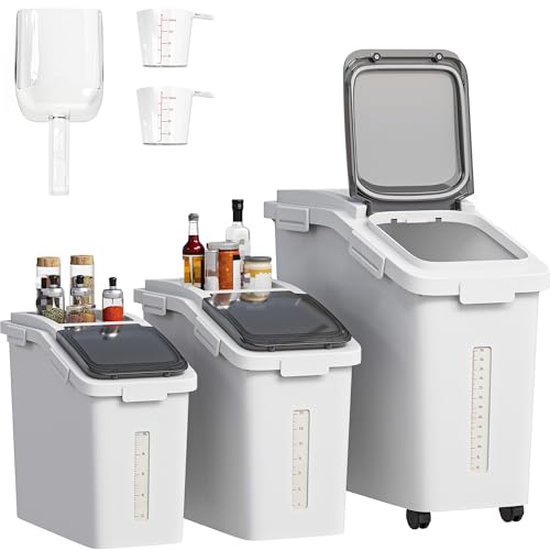 YITAHOME Ingredient Storage Bin, 20.6 Gallons(11.4+5.8+3.4 Gal) Capacity Shelf Bin,500 Cups Flour Bins with Wheels Commercial Shelf-storage Ingredient Bin with Scoop and Lid,Rice Bin for Kitchen,White