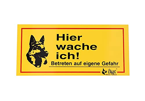 Dingo Gelb Mettal Schild Warnschild Hier Wache ich! Betreten auf eigene Gefahr für Tor, Zaun 21x10 cm 17225