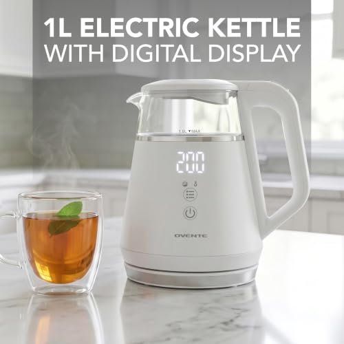 Image of OVENTE 1L Electric Kettle with Temperature Control, 1500W, White KD95W | Water Boiler With Digital Display, 5Hr Keep Warm, Auto Shut-Off, Double-Wall Cool-Touch Exterior, BPA-Free Borosilicate Glass