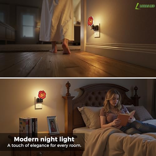 Image of L LOHAS LED Red Rose Night Lights Plug into Wall, Gothic Rose LED Night Light with Dusk‑to‑Dawn Sensor, Adjustable Brightness, 350 Rotatable Plug in Nightlight for Bedroom Hallway Bathroom (2 Pack)