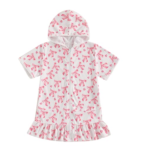 Image of Socutebabe Toddler Girl Swimsuit Cover Up Kids Beach Dress Bow Print Long Sleeve Hooded Bathing Suit Towel Coverup Swimwear
