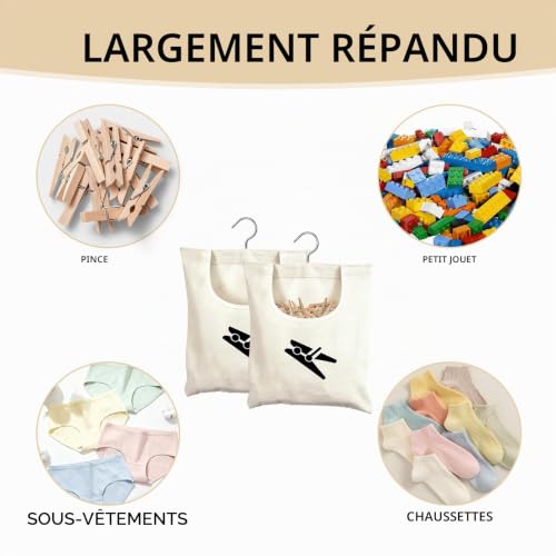 Dreamil Lot de 2 sacs à pinces à linge en lin avec motif, réutilisables pour un usage domestique (sac de rangement en mélange de coton pour pinces à linge, suspendus et rotatifs) – vue 4