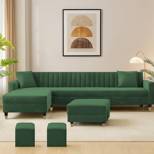 Image of Casaliving Garcia LHS 8 Seater L Shape Sofa Set with Ottoman & 2 Puffy for Living Room (Green) Premium Fabric Sofa Set for Living Room