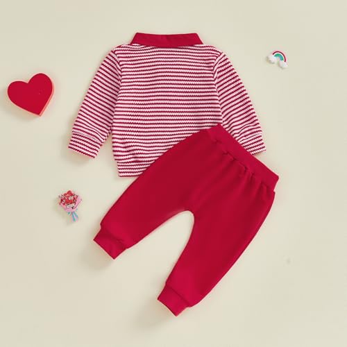 VISGOGO Toddler Baby Boy Valentines Outfit Striped Love Heart Embroidered Half Button Up Long Sleeve Sweater Tops Pants (Red, 12-18 Months)