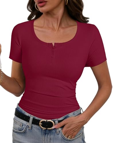 Womens Henley Tops Short Sleeve Shirts Ribbed Button Fitted Scoop Neck T Shirts 2026 Summer Basic Dressy Casual Blouse (Red, Small) — view 2