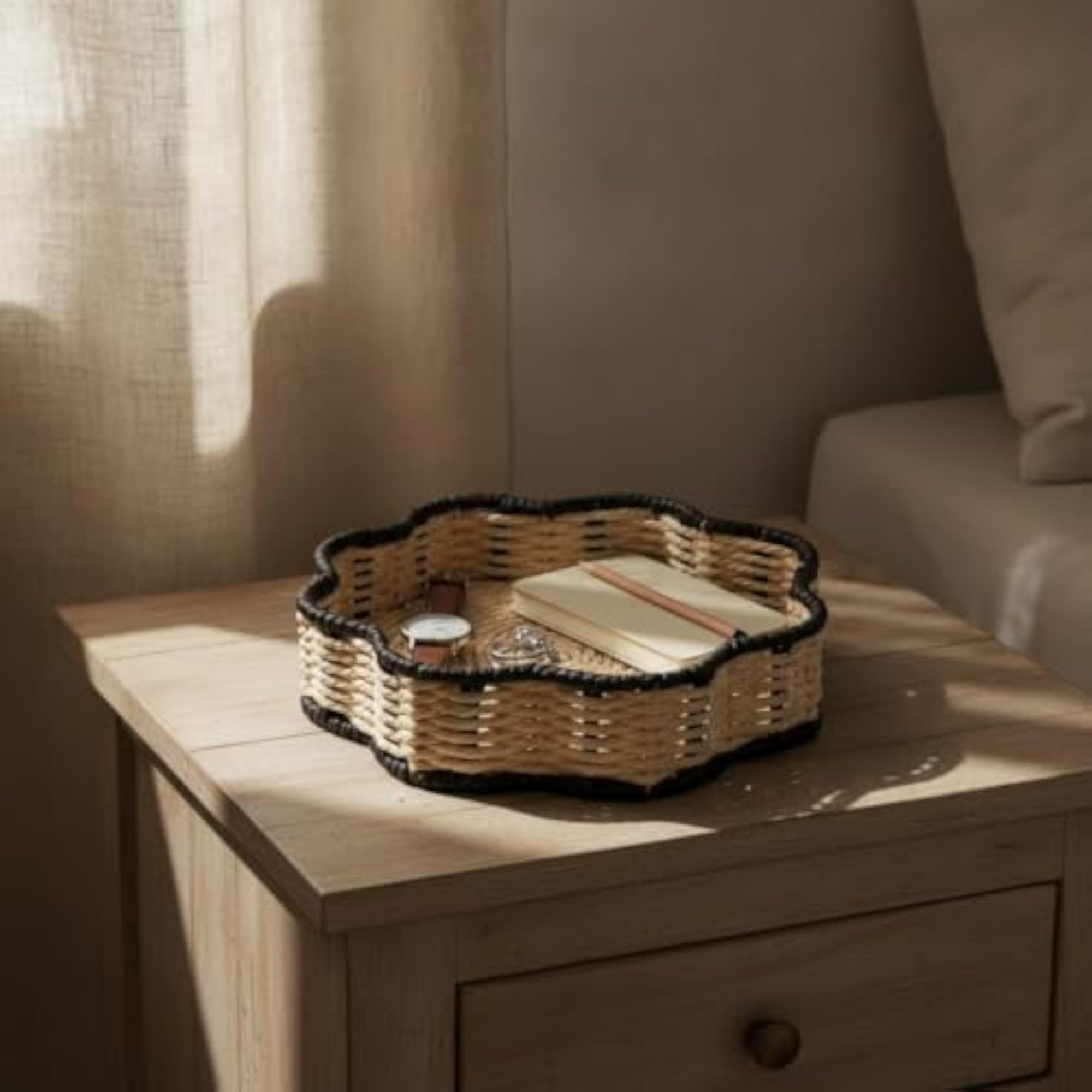 Two-Tone Paper Rope Tray, Braided Handwoven Design